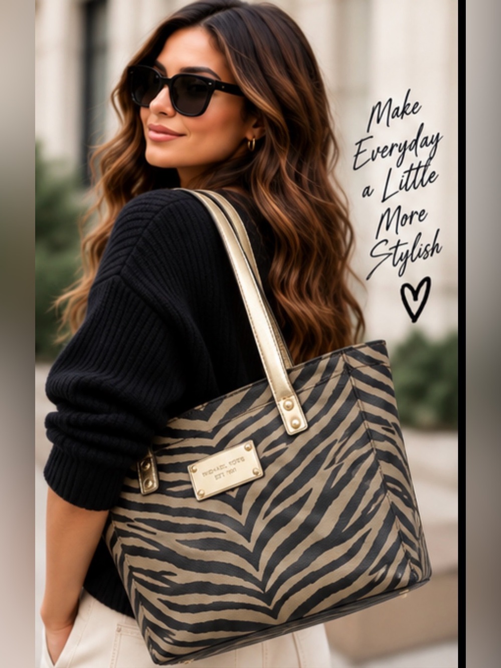 Michael Kors Zebra Tote in Tan and Beige Canvas with Gold Accents